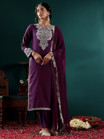 Violet Embroidered Straight Kurta Paired With Tonal Bottom And Dupatta With Four Side Fringes