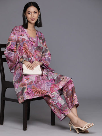 KSUT Women Purple Abstract Printed V-Neck A-Line Kurta Paired With Tonal Bottom