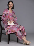 KSUT Women Purple Abstract Printed V-Neck A-Line Kurta Paired With Tonal Bottom