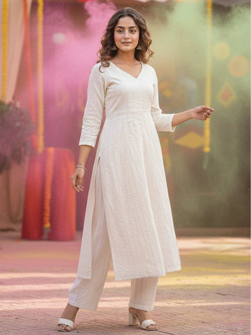 Women's Ivory A-Line Kurta with Vertical Stripes
