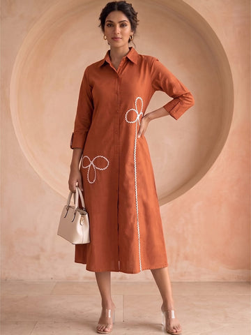 Casual Rust Shirt Dress With Thread Embroiderey Detailing