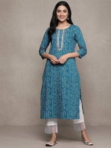 Varanga Women Turqoise Blue Bandhani Print Gotta Embellished Straight Kurta With Three Quarter Sleeves