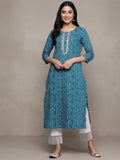 Varanga Women Turqoise Blue Bandhani Print Gotta Embellished Straight Kurta With Three Quarter Sleeves