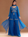 Varanga Blue Embroidered Palazzos With Dupatta | Poly Georgette | Festive