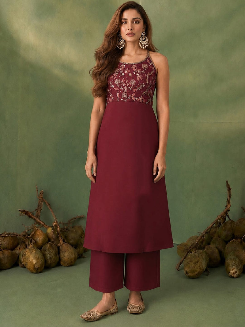 Womens Maroon Halter-Neck Embroidered Anarkali Set