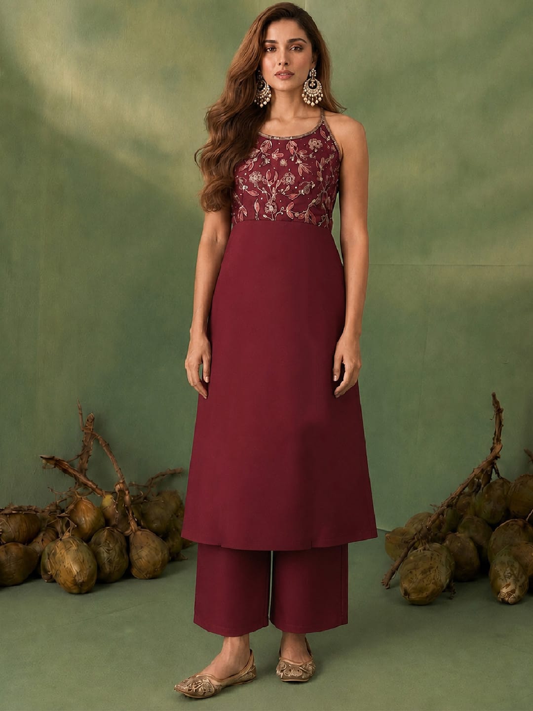 Womens Maroon Halter-Neck Embroidered Anarkali Set