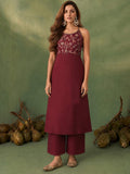Womens Maroon Halter-Neck Embroidered Anarkali Set