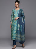 Varanga Women Blue Floral Printed Kurta, Round Neck Straight Kurta Paired With Tonal Bottom And Printed Dupatta.