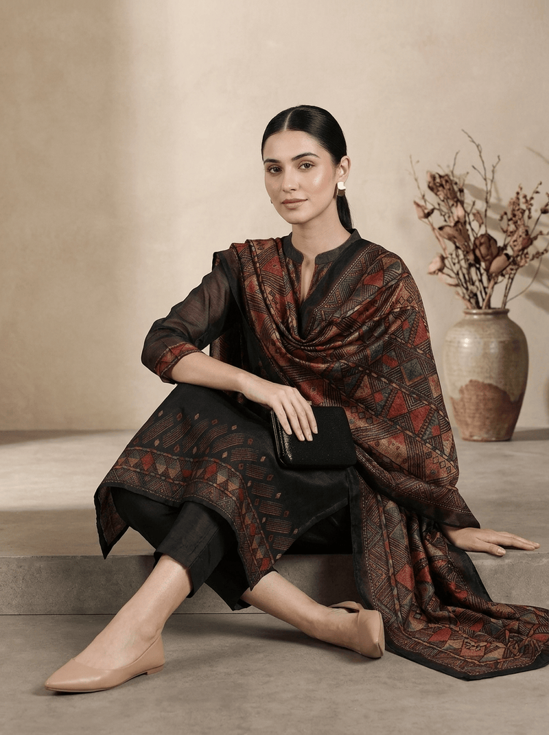 Varanga Women Black Printed Straight Kurta Paired With Solid Bottom And Printed Dupatta