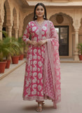 Blooming Fuchsia Hand-Block Print Cotton Anarkali Set