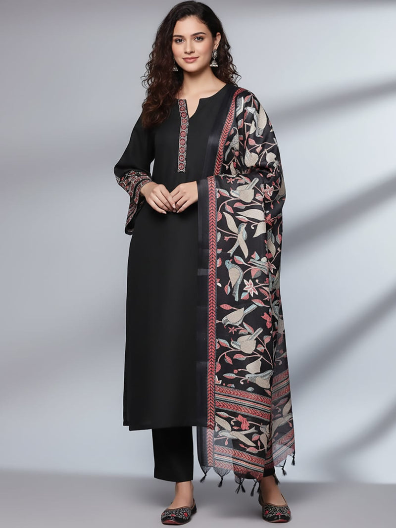 Varanga Women Black Embroidered Kurta Paired With Tonal Bottom And Printed Bhaghalpuri Dupatta