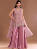 Mauve Embroidered Kurta Set Featuring Zari And Sequin Work With A Matching Flared Palazzo And Embellished Dupatta