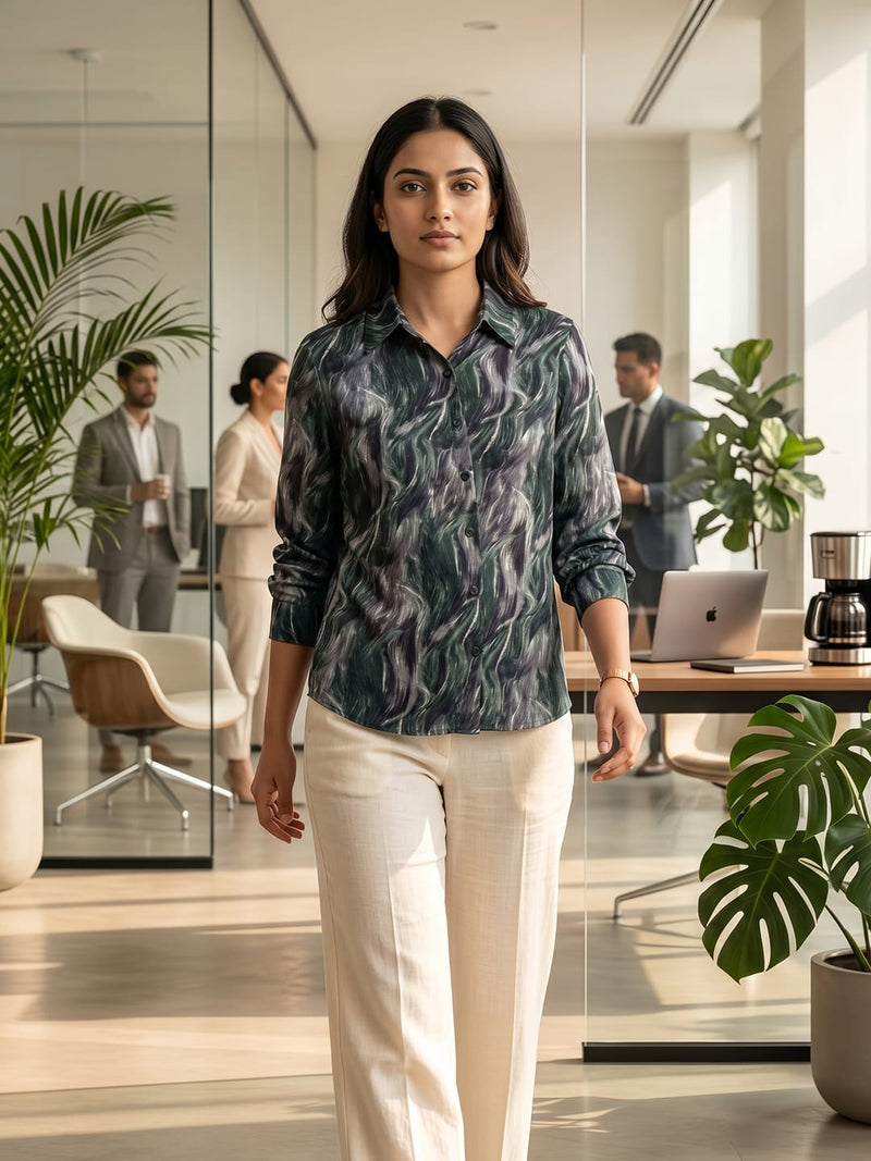 Green Coloured Slim Collar Long Sleeves Abstract Shirt
