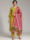 Varanga Women Yellow Yoke Design Kurta with Trousers and Dupatta Set