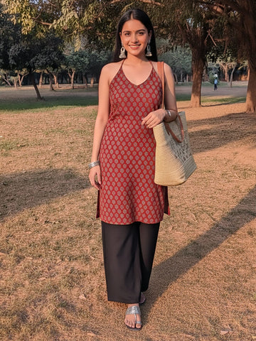 Rust Halter-Neck Backless Block Print Kurti