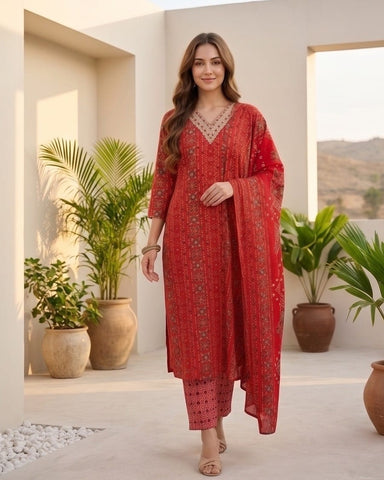Varanga Women Red Printed V-Neck Embroidered Kurta With Bottom And Dupatta