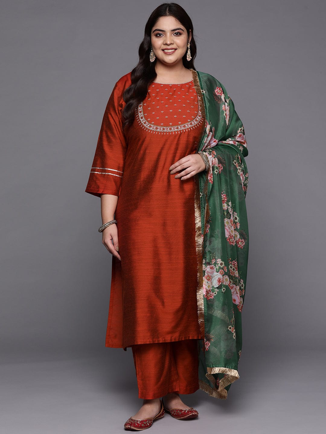 Varanga Women Maroon Yoke Design Kurta with Trousers & With Dupatta