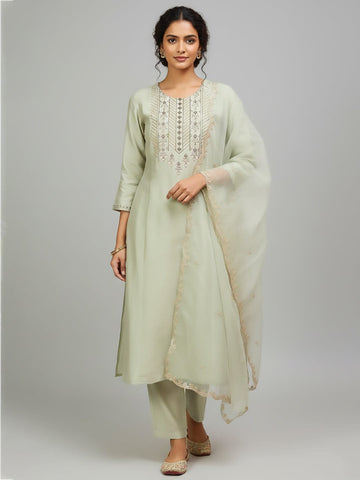 Varanga Women-Thread & Sequin Embroidered Yoke Kurta With Trouser & Scallop Dupatta