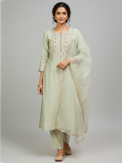 Varanga Women-Thread & Sequin Embroidered Yoke Kurta With Trouser & Scallop Dupatta
