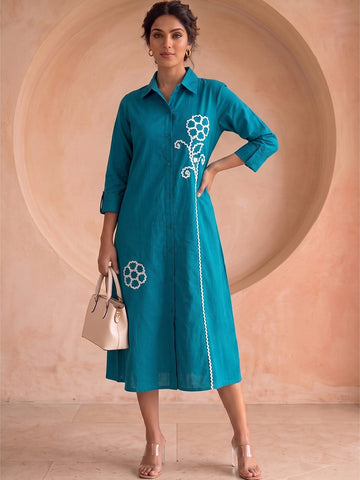 Blue Lace Detailed Shirt Dress