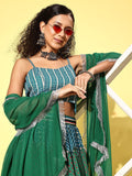 Varanga Women Teal And Green Printed Strap Style V-Neck Top Paired With Tonal Lehenga And Soild Dupatta.