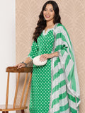 Varanga Women Green Bandhani Printed Neck Embroidered Straight Kurta With Bottom And Dupatta