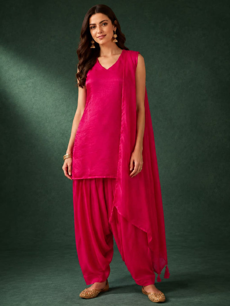 Rani Pink Solid V Neck Short Kurta With Farsi Salwar And Dupatta.
