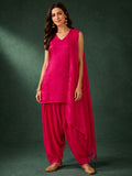 Rani Pink Solid V Neck Short Kurta With Farsi Salwar And Dupatta.