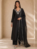 Black Mirror-Work Kurta Set With Trouser And Dupatta