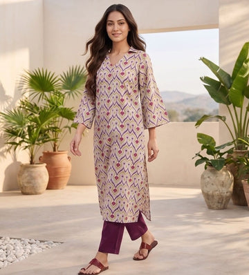 Varanga Women Off White Ikat Printed Shirt Collar Straight Kurta  Paired With Violet Solid Bottom