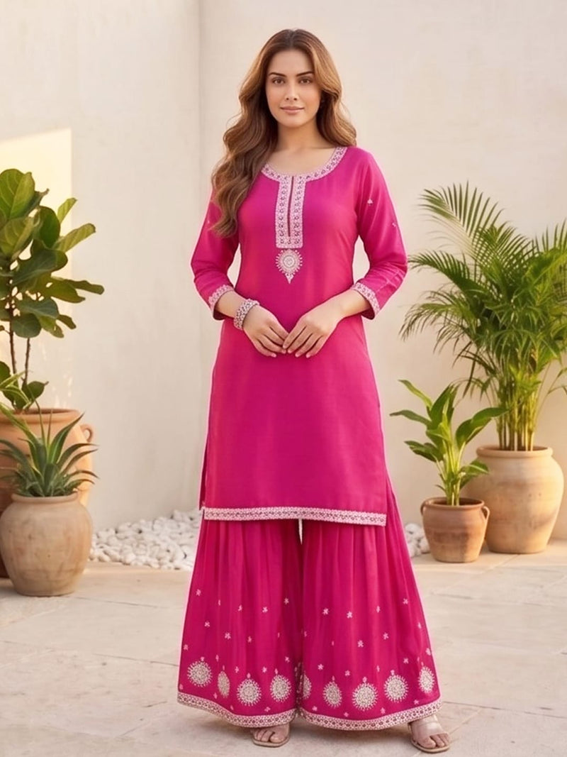 Varanga Women Zari Embroidered Yoke Kurta With Sharara And Dupatta