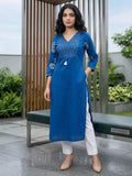 Ethnic Blue and White Printed Straight Kurta