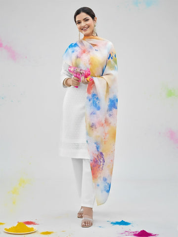 Varanga Women Self Embroidered Schiffli Bordered Kurta with Trouser & Multicolor Dupatta