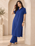 Navy Solid Shirt Collar Kurta Set