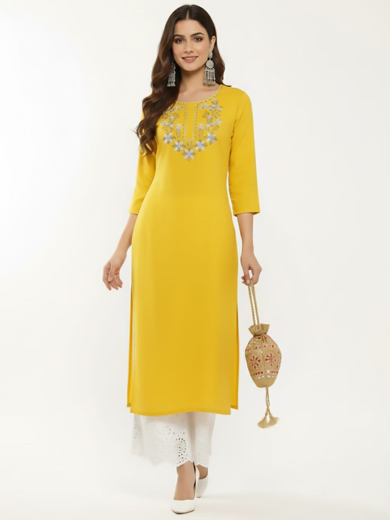 Varanga Women Mustard Yellow Floral Yoke Embroidered Straight Kurta