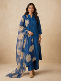 Women's Teal Blue Solid Kurta Set With Floral Printed Dupatta