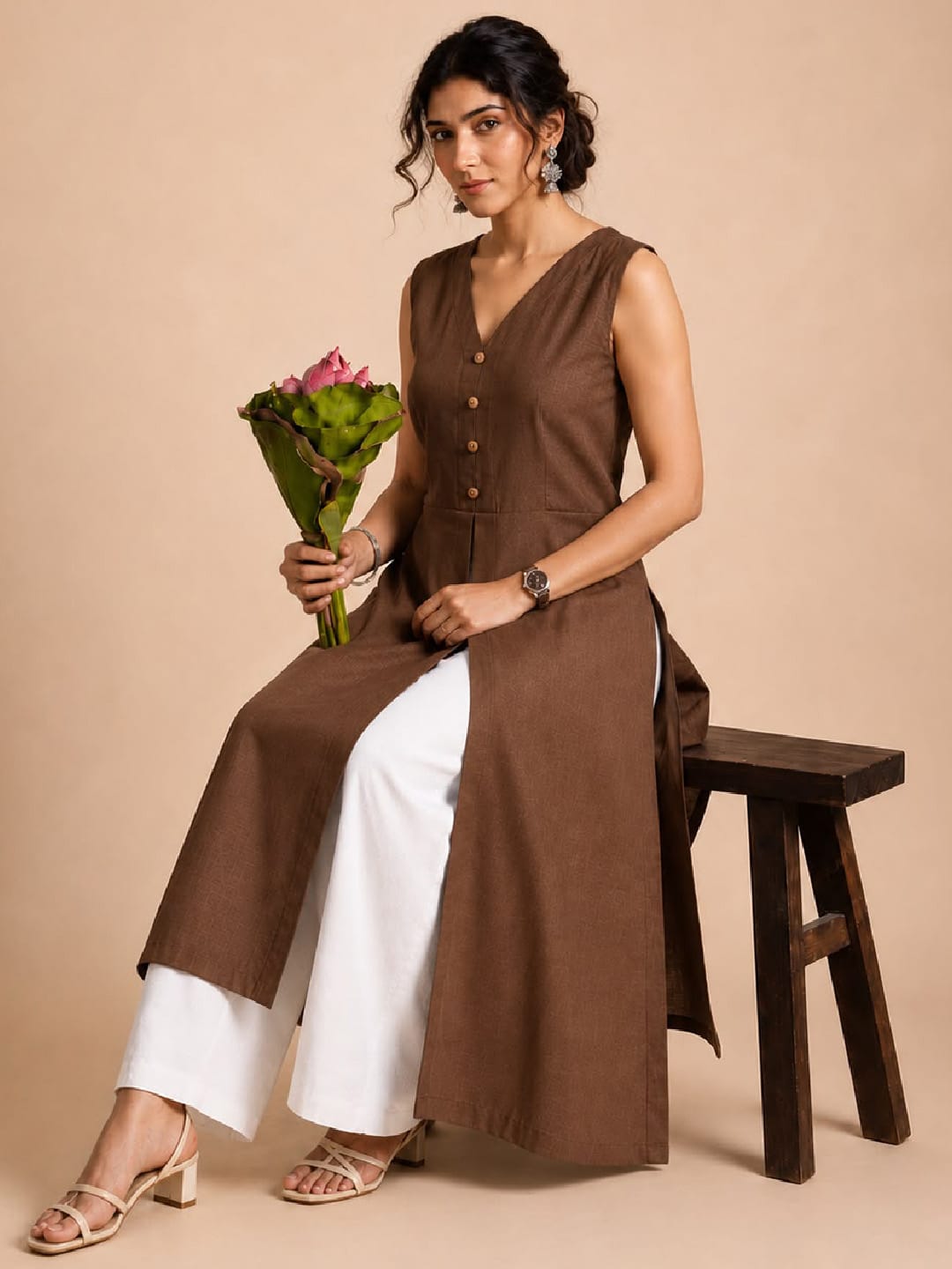Sleeveless Brown Linen Kurta