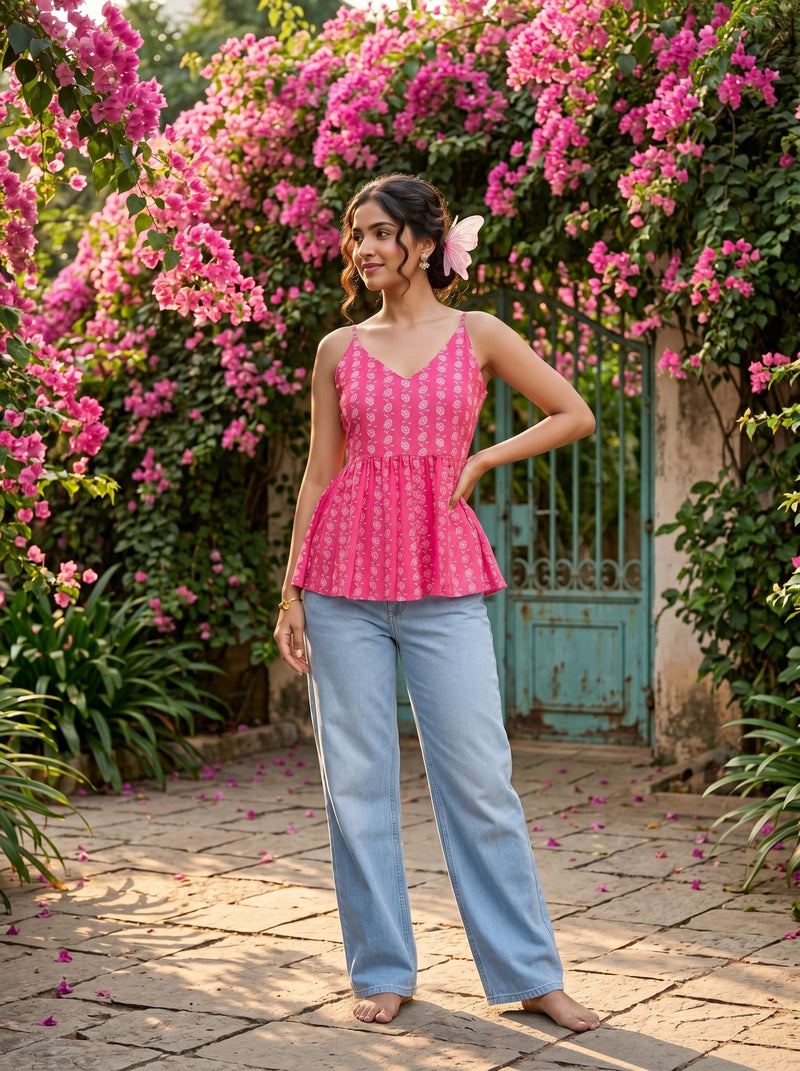 Varanga Women's Fuchsia Pink Floral Block-Print Peplum Top