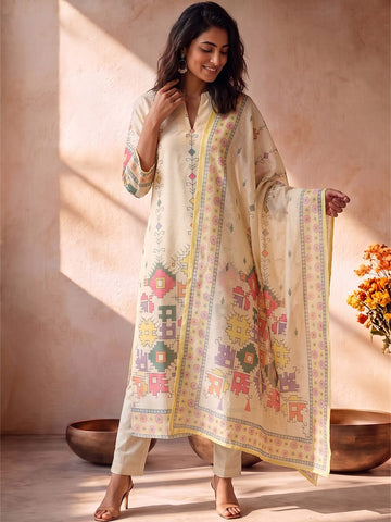 Kurta Set Featuring Artistic Prints And A Statement Dupatta