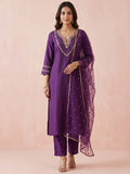Women's Purple Embroidered Kurta Set With Embellished Net Dupatta