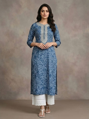 Varanga Women Blue Bandhani Printed Straight Kurta