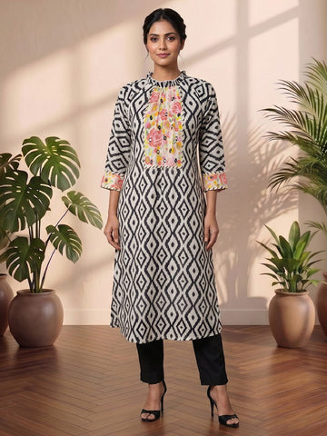 Geometric Printed Aline Cotton Kurta Set With Fusion Look
