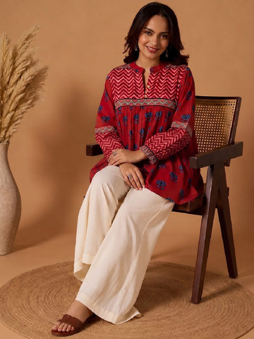 Women Rust Chevron & Lotus Flared Top Pure Cotton Regular Flared Crop A-Line Mandarin Collar