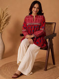 Women Rust Chevron & Lotus Flared Top Pure Cotton Regular Flared Crop A-Line Mandarin Collar