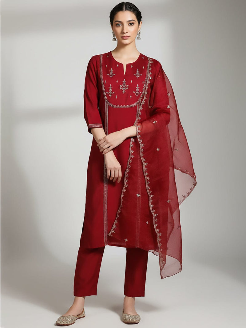 Varanga Women Thread & Sequin Embroidered Yoke Kurta With Trouser & Dupatta