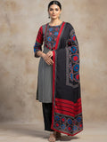 Stylish Black Straight-Fit Kurta with striped,Mughal & Ajarakh Print, Embellished Yoke, Dupatta & Trousers