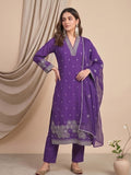 Kurta With Thread Embroidery And A V-Neck With Ankle-Length Trousers And An Embroidered Dupatta