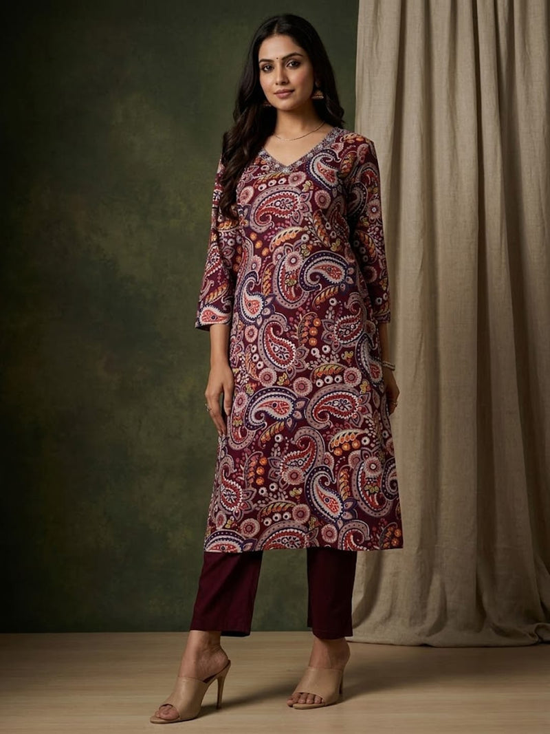 Varanga Women Paisely Printed Sequin Embroidered V Neck Kurta