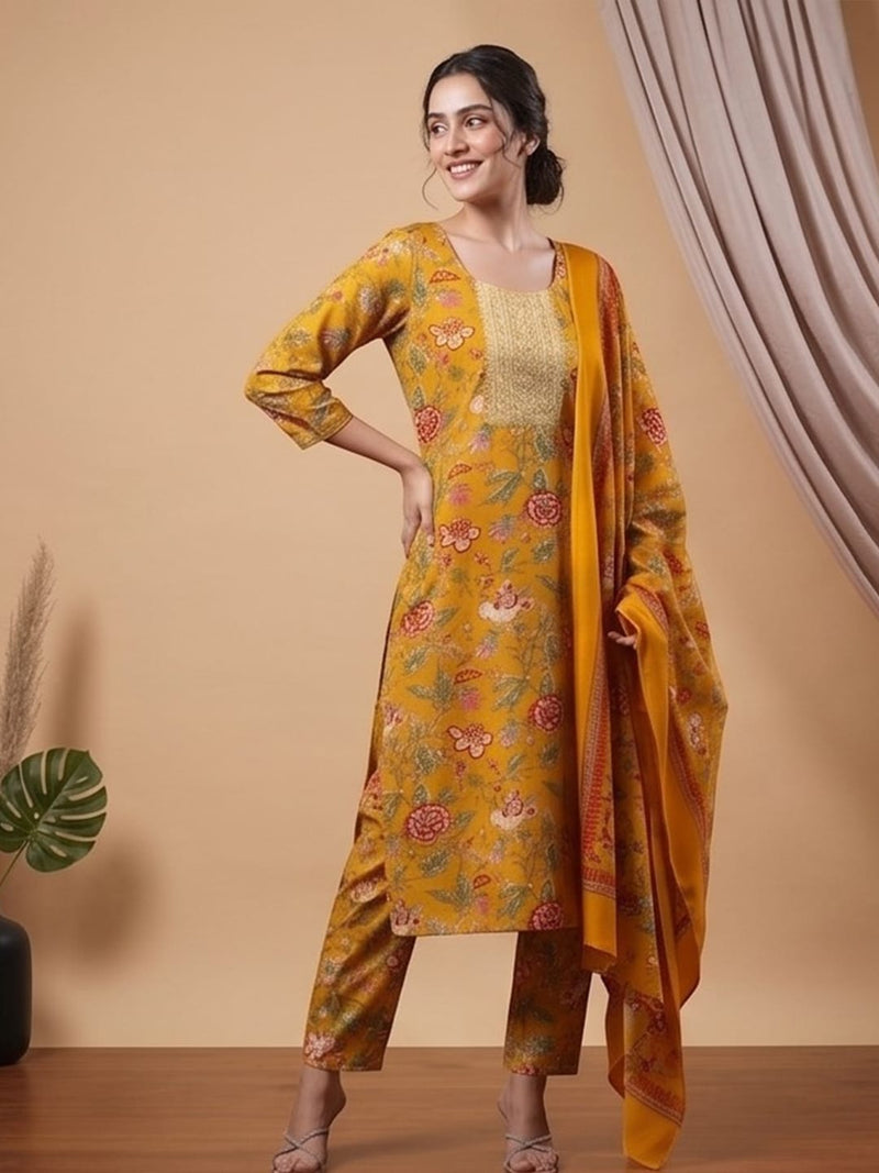 Varanga Women Ethnic Mustard Kurta Set With Dupatta