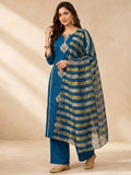 Women's Blue Kurta Set With Strip Dupatta